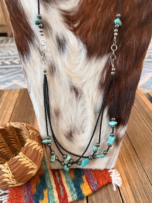 Old Pawn Handcrafted Turquoise, Hematite and Sterling Silver Beaded Necklace