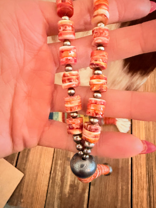 Handcrafted Spiny Oyster & Sterling Silver Beaded Lariat Necklace