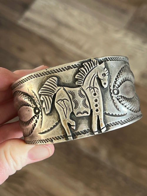 Hand Forged Old Pawn Sterling Silver Ingot Cuff Bracelet by Santa Fe Artist, Buffalo: The Equine