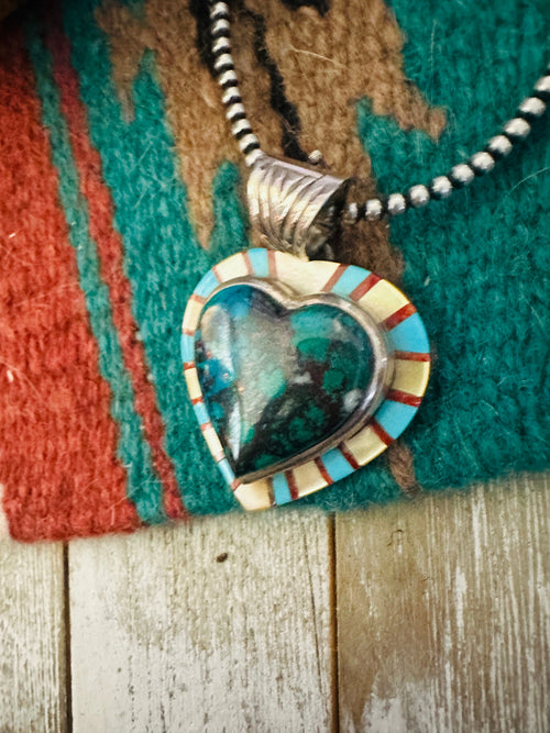 Old Pawn Handcrafted Multi Stone and Sterling Silver Inlay Heart Pendant