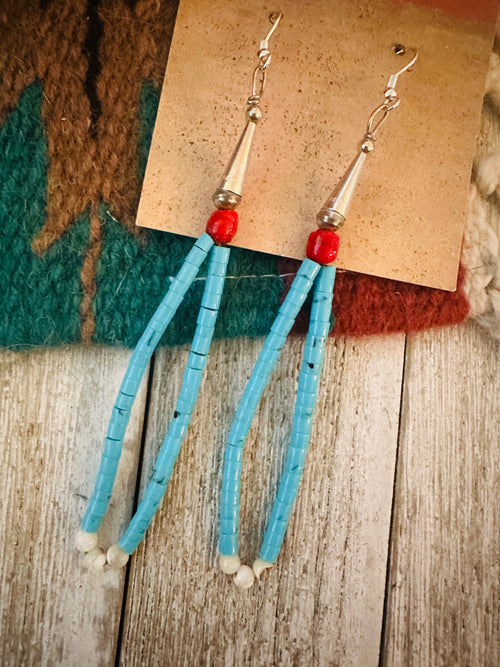 Handcrafted Old Pawn Turquoise & Coral Beaded Dangle Earrings