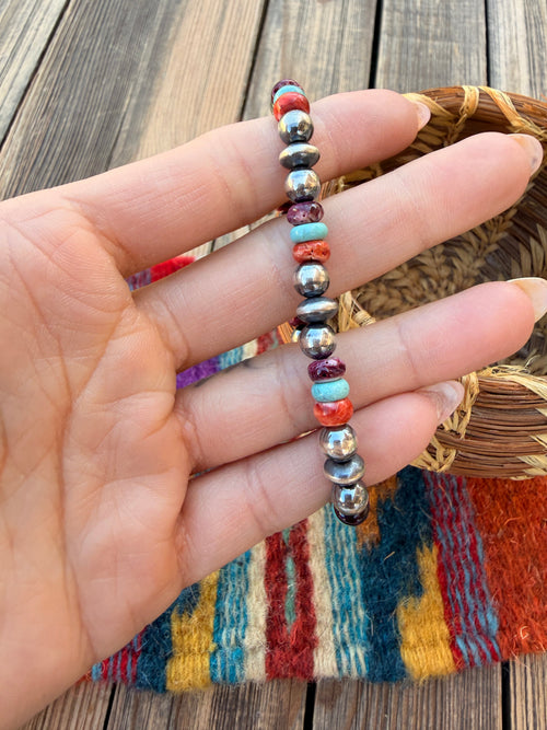 Handcrafted Spiny Oyster, Turquoise & Sterling Silver Beaded Stretch Bracelet