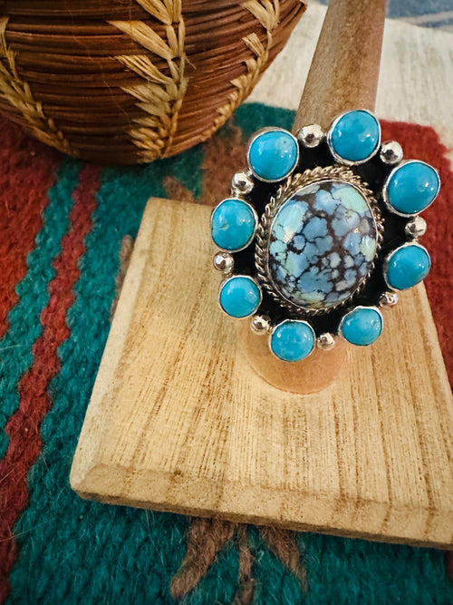 Navajo Sterling Silver & Turquoise Cluster Adjustable Ring