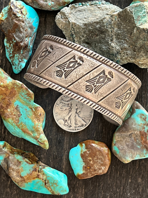 Hand Forged Old Pawn Sterling Silver Ingot Cuff Bracelet by Santa Fe Artist, Buffalo: The Birds