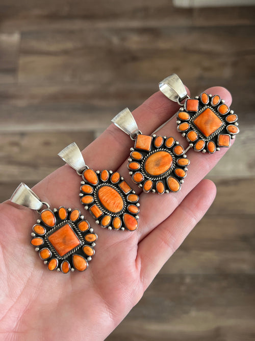 Handcrafted Sterling Silver and Burnt Spiny Oyster Shell Cluster Pendants by Loretta Delgarito