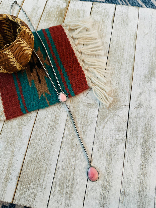 Navajo Queen Pink Conch & Sterling Silver Pearl Beaded Lariat Necklace