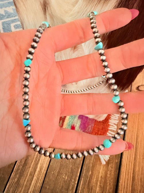 Handcrafted Turquoise & 4mm Sterling Silver 18” Beaded Necklace