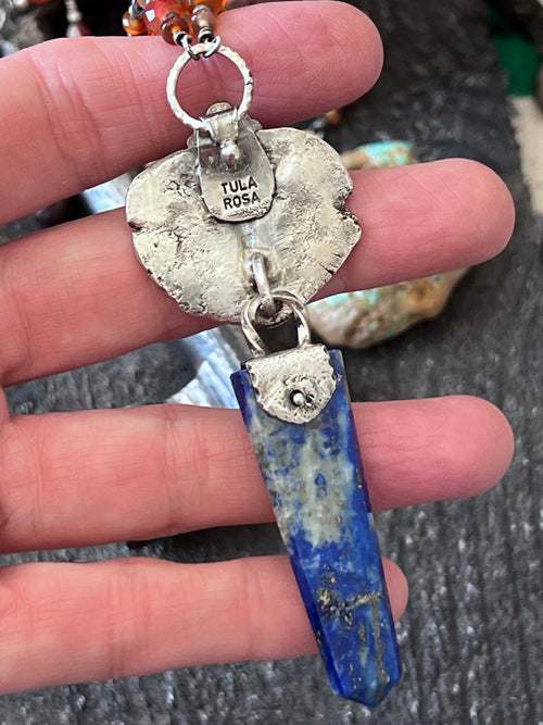 Tularosa Rosary Style Sterling Silver, Lapis Lazuli and Carnelian Ancient Owl Talisman Necklace