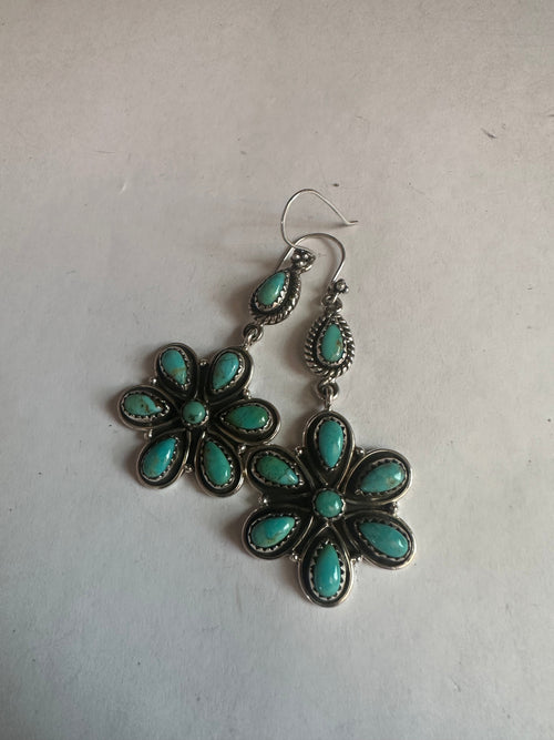 Handmade Turquoise And Sterling Silver Flower Dangle Earrings