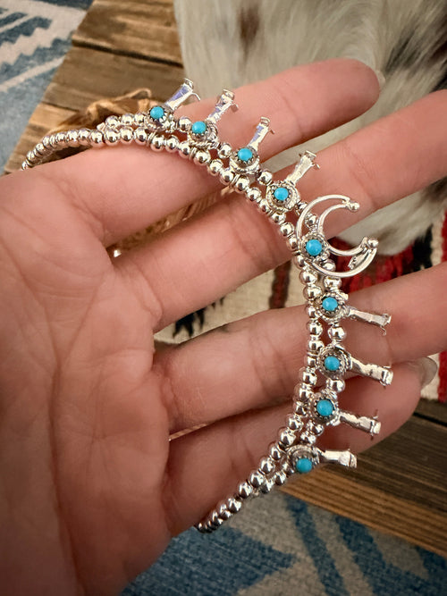 Handcrafted Turquoise & Sterling Silver Beaded Mini Squash Blossom Necklace