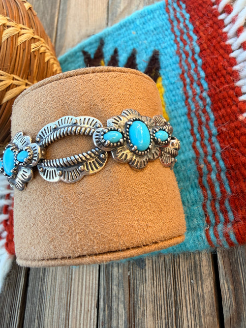 Handcrafted Old Pawn Sterling Silver & Turquoise Link Bracelet
