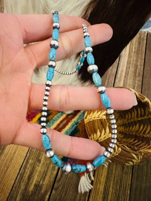 Handcrafted Turquoise & Sterling Silver Pearl 16” Beaded Necklace
