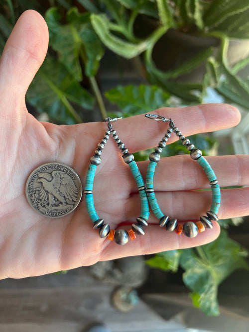 Navajo Made Sterling Silver, Kingman Turquoise and Orange Spiny Oyster Beaded Teardrop Hoop Earrings, Leverbacz