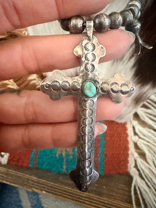 Old Pawn Handcrafted Turquoise & Sterling Silver Cross Squash Blossom Necklace