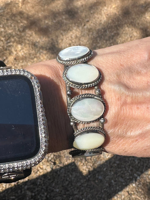 Old Pawn Navajo Sterling Silver & Mother of Pearl Cuff Bracelet