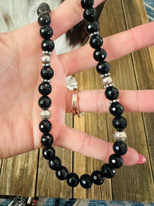 Handcrafted Black Onyx & Sterling Silver Beaded 16” Necklace by T & R Singer
