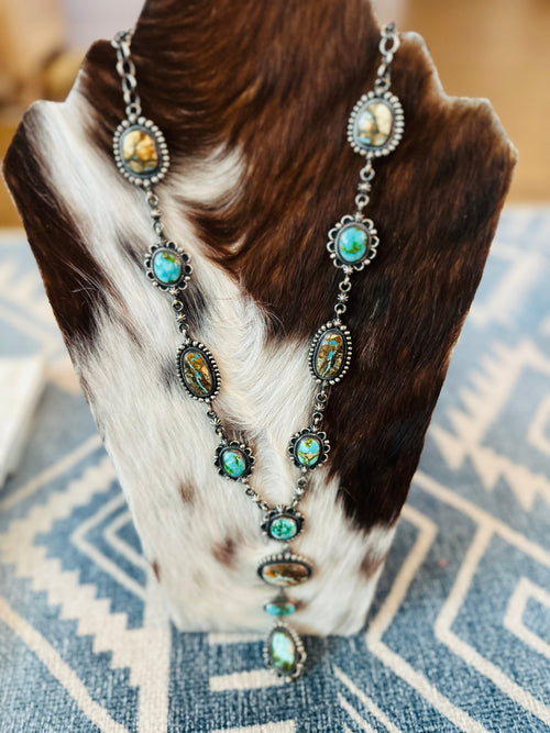 Navajo Sterling Silver, Ribbon and Sonoran Turquoise Necklace and Earring Set by Diane Wylie