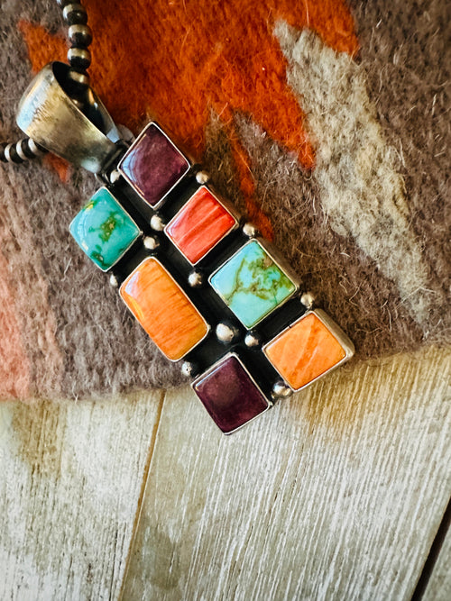 Navajo Electric Rainbow Turquoise, Spiny & Sterling Silver Cluster Pendant by Angela Martin