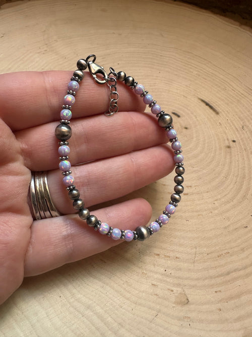 Handmade Purple Fire Opal & Sterling Silver Beaded Bracelet