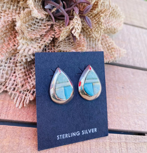 Navajo Turquoise & Sterling Silver Inlay Post Earrings