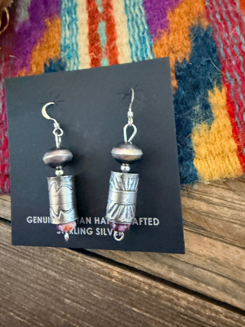 Handcrafted Sterling Silver & Purple Spiny Beaded Dangle Earrings