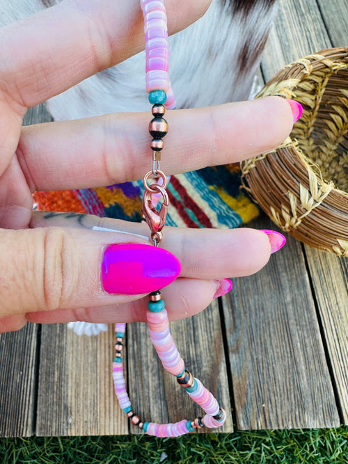 Handcrafted Queen Pink Conch, Turquoise & Copper 18” Beaded Necklace