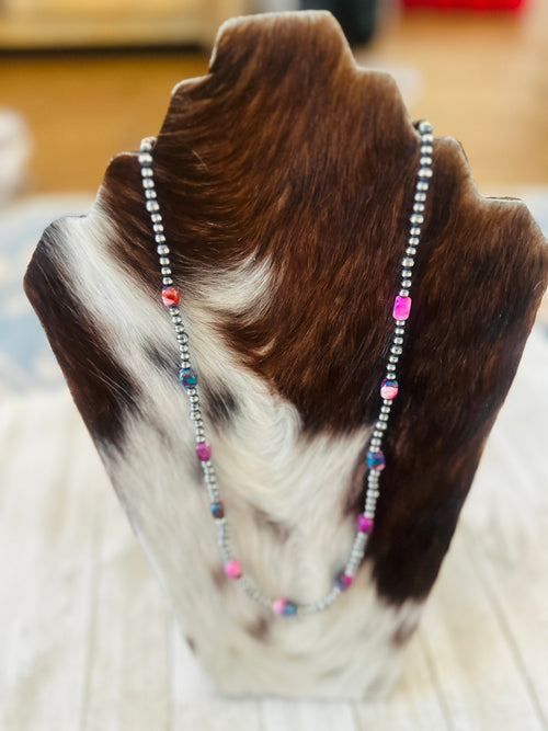 Navajo Sterling Silver & Pink Dream Mojave  Beaded 24” Necklace