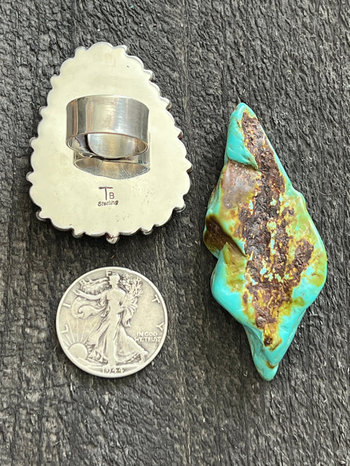 Navajo Sterling Silver, Kingman Turquoise and Mediterranean Coral Cluster Ring By Tyler Brown, Adjustable