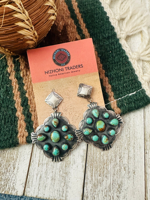 Old Pawn Navajo Sterling Silver & Turquoise Cluster Dangle Earrings