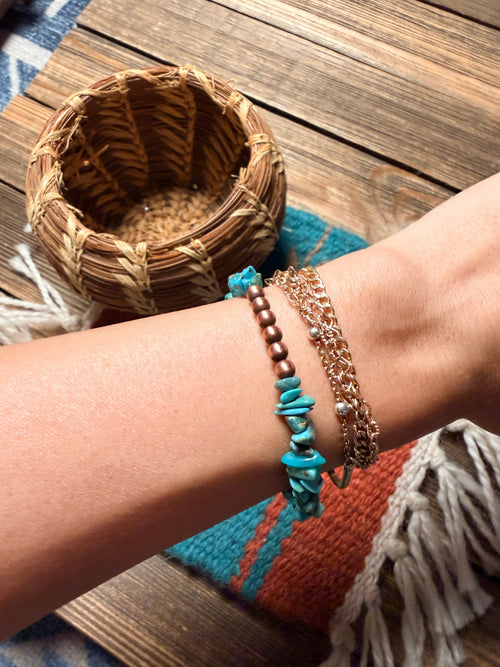 Handcrafted Turquoise & 4mm Copper Beaded Bracelet 7.5”
