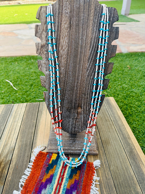 Old Pawn Handcrafted Turquoise, Coral & Heishi  Beaded 36” Necklace