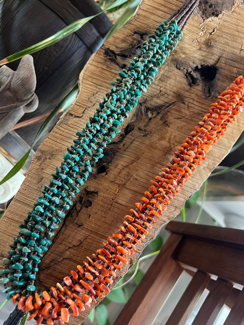 Gorgeous Santo Domingo Made Eight Strand Spiny Oyster and Turquoise Beaded Squaw Wrap Necklace by Daniel Coriz