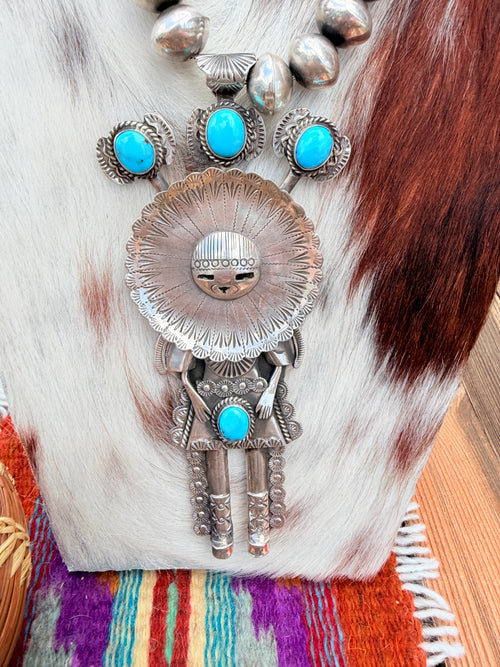 Handcrafted Turquoise & Sterling Silver Beaded Kachina Necklace by Garrett Hale