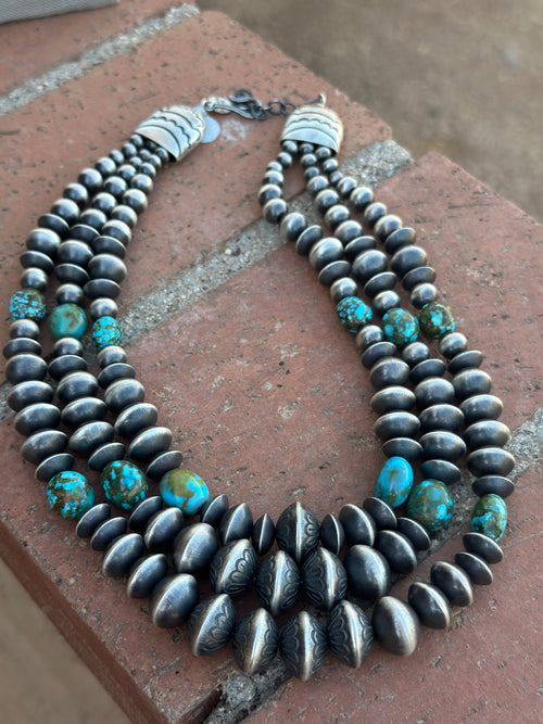 Rose Martin Sterling Silver & Kingman Turquoise Three Strand Navajo Necklace