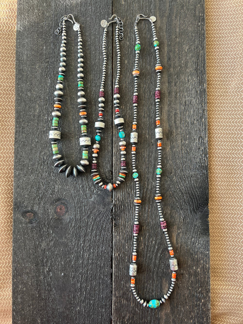 Navajo Made Electric Rainbow Sterling Silver, Turquoise and Spiny Oyster Single Strand Beaded Necklace by Rose Martin, X-tra Chunk, 18 + 2 Inches