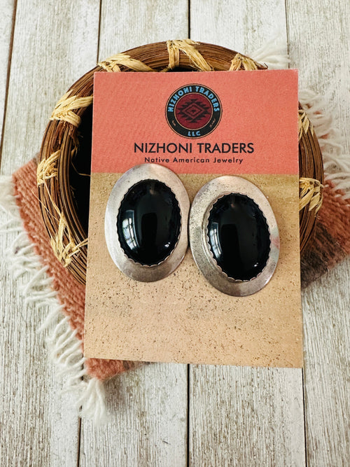 Old Pawn Navajo Sterling Silver & Black Onyx Post Earrings