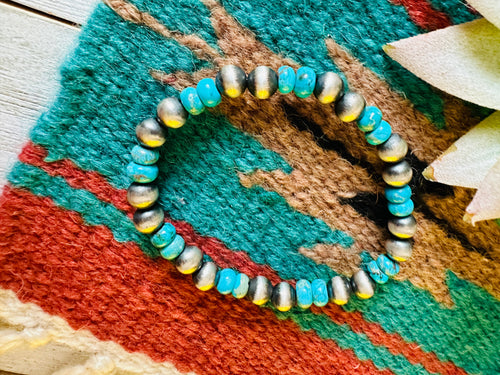 Navajo Sterling Silver Pearl and Turquoise Beaded Stretch Bracelet