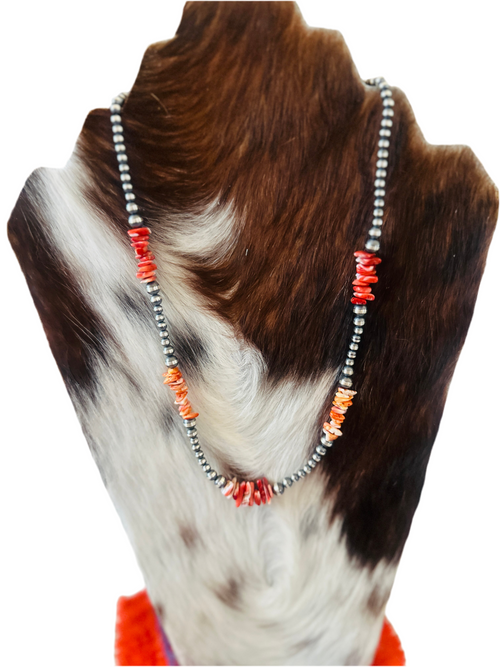 Navajo Sterling Silver & Spiny Oyster Beaded 20” Necklace