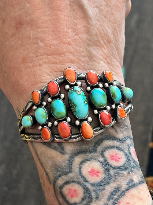 Navajo Hand Stamped Sterling Silver, Sonoran Turquoise and Spiny Oyster Shell Cluster Cuff Bracelet by Diane Wylie