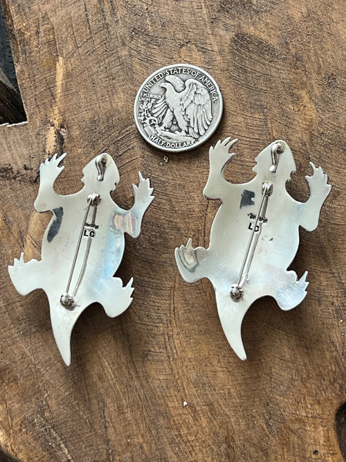 Handcrafted Sterling Silver and Stone Horned Toad Pin and Pendant by Lee Charley, Turquoise or Onyx