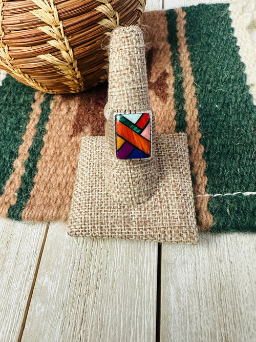 Old Pawn Handcrafted Multi Stone & Sterling Silver Inlay Ring Size 9