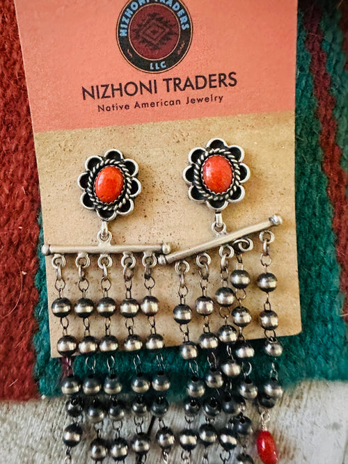 Navajo Coral  & Sterling Silver Pearl Beaded Tassel Dangle Earrings