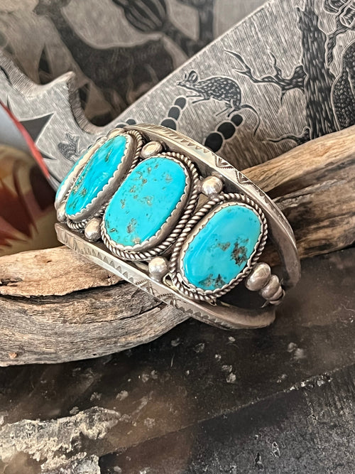 Old Pawn Navajo Sterling Silver and Natural Sleeping Beauty Turquoise Cuff Bracelet, Signed D