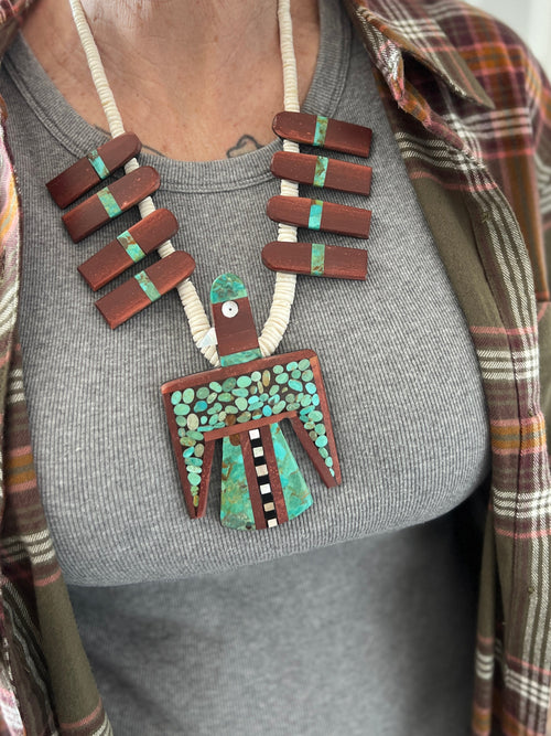 Warren Nieto Inlay Kingman Turquoise and Pipestone Thunderbird Tab Necklace & Earrings Set