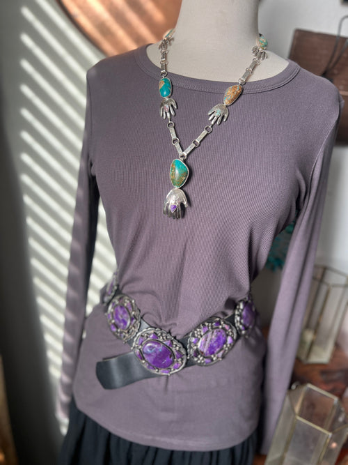 Jay Leon Coriz Handcrafted Sterling Silver and Royston Turquoise Healing Hand Station Necklace