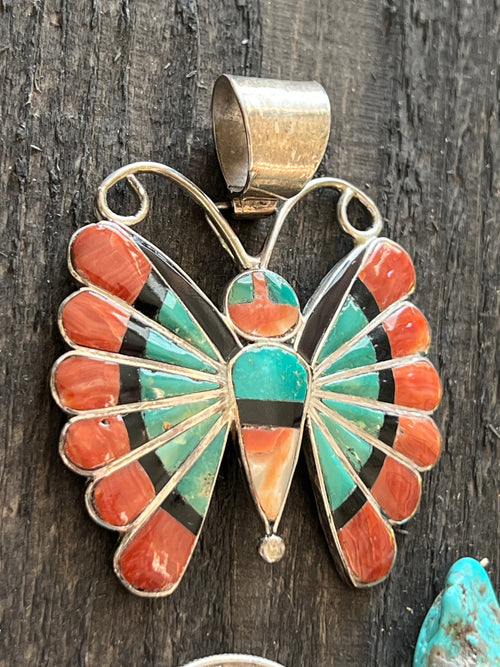 Vintage Zuni Sterling Silver, Turquoise, Spiny Oyster Shell and Jet Inlay Butterfly Pendant by Sara Edaakie