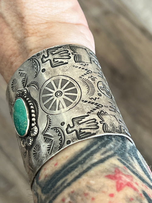 Vintage Fred Harvey Era Symbolic Collage Sterling Silver Cuff Bracelet