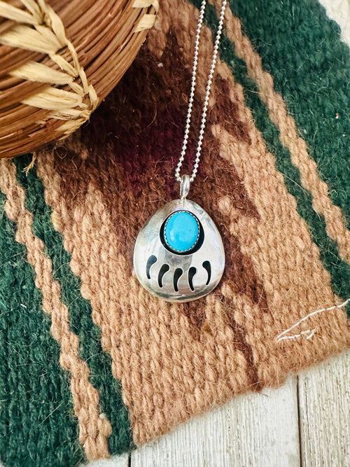 Old Pawn Navajo Turquoise & Sterling Silver Bear Paw Pendant