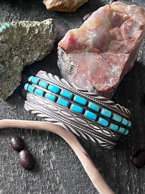 Estate Collection Vintage Sterling Silver and Kingman Turquoise Row Cuff by James Martin