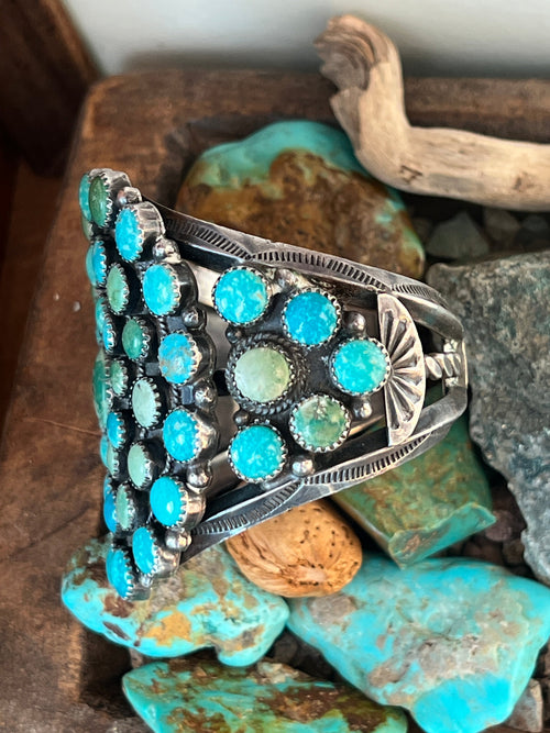 Vintage Navajo Sterling Silver and Fox Turquoise Cluster Cuff